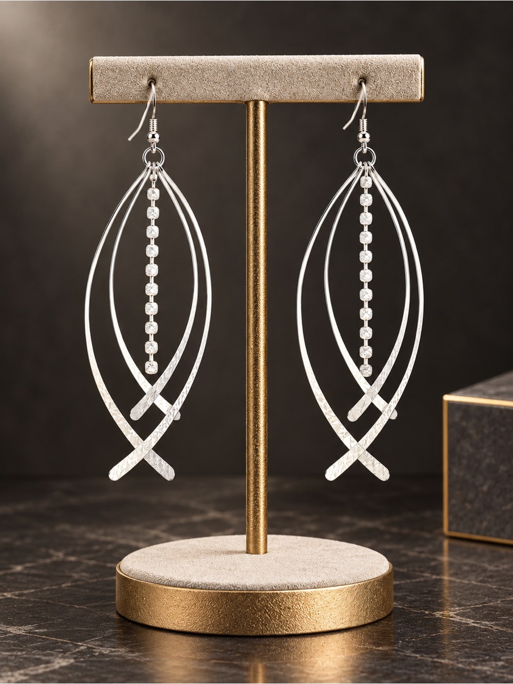 Silver Marquis Layered Dangle Earrings Rhinestone Accent Drop Hook
